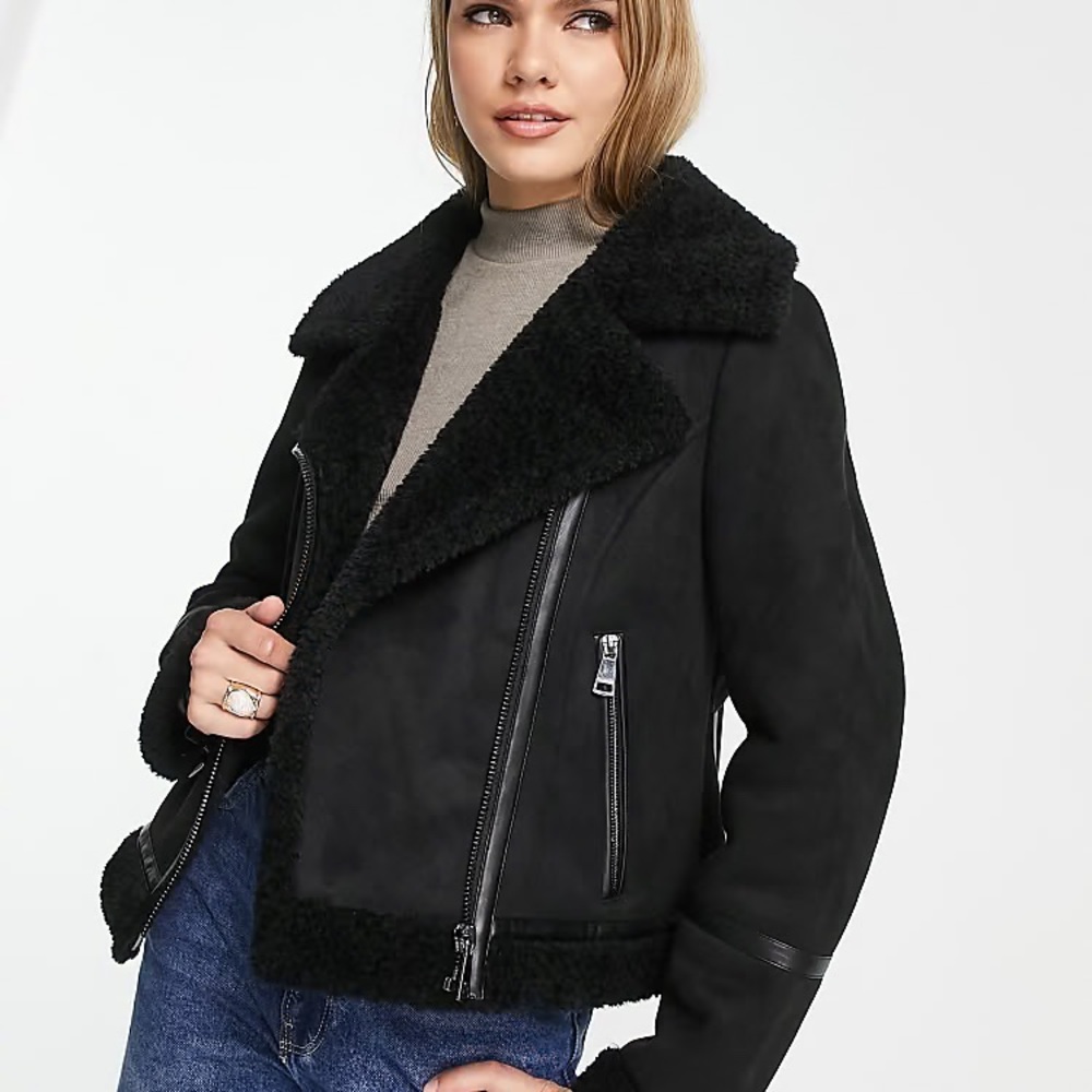 Calvin Klein Black Biker Moto Shearling Sherpa Suede Aviator Jacket Size Large